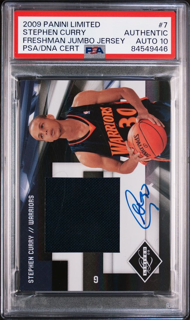 2009 Panini Limited Stephen Curry Signed Jumbo Jersey Card PSA/DNA: 2009 Panini Limited Stephen Curry Signed Jumbo Jersey Card PSA/DNA This is a 2009 Panini Limited #7 Freshman Jumbo Jersey card featuring a signed autograph by basketball star Stephen Curry. The signat