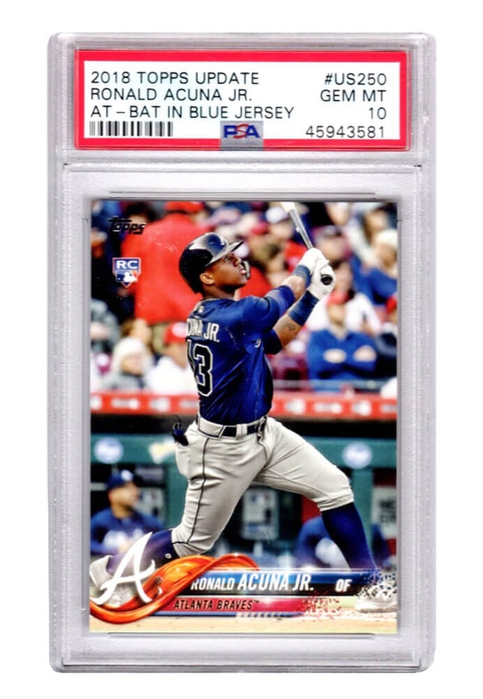 Ronald Acuna 2018 Topps Update #US250 RC PSA 10 Gem Mint Braves Card: Ronald Acuna 2018 Topps Update #US250 RC PSA 10 Gem Mint Braves Card This listing features a Ronald Acuna rookie card from the 2018 Topps Update set, card number #US250. Graded as Gem Mint 10 by Profe