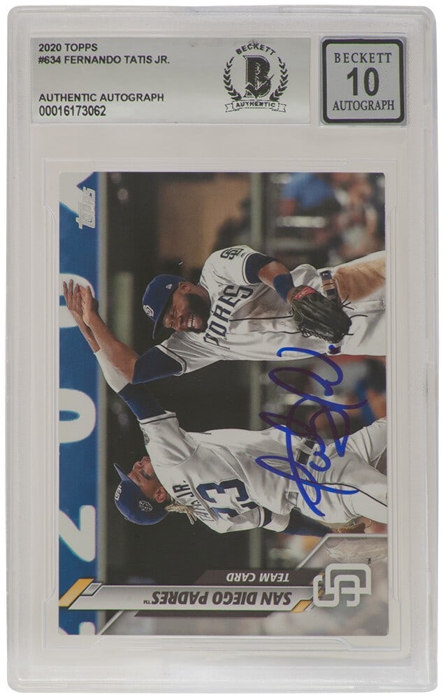 Beckett Auto 10 Fernando Tatis Jr 2020 Topps 634 Padres Card: Beckett Auto 10 Fernando Tatis Jr 2020 Topps 634 Padres Card Signed 2020 Topps baseball card #634 featuring Fernando Tatis Jr. of the San Diego Padres. The autograph is authenticated and encapsulated 