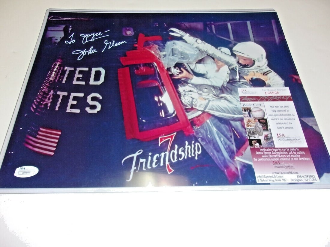 John Glenn Signed 11x14 Photograph with JSA Authentication: John Glenn Signed 11x14 Photograph with JSA Authentication This is an 11x14 photo signed by astronaut and senator John Glenn. The autograph has been authenticated by James Spence Authentication (JSA) 