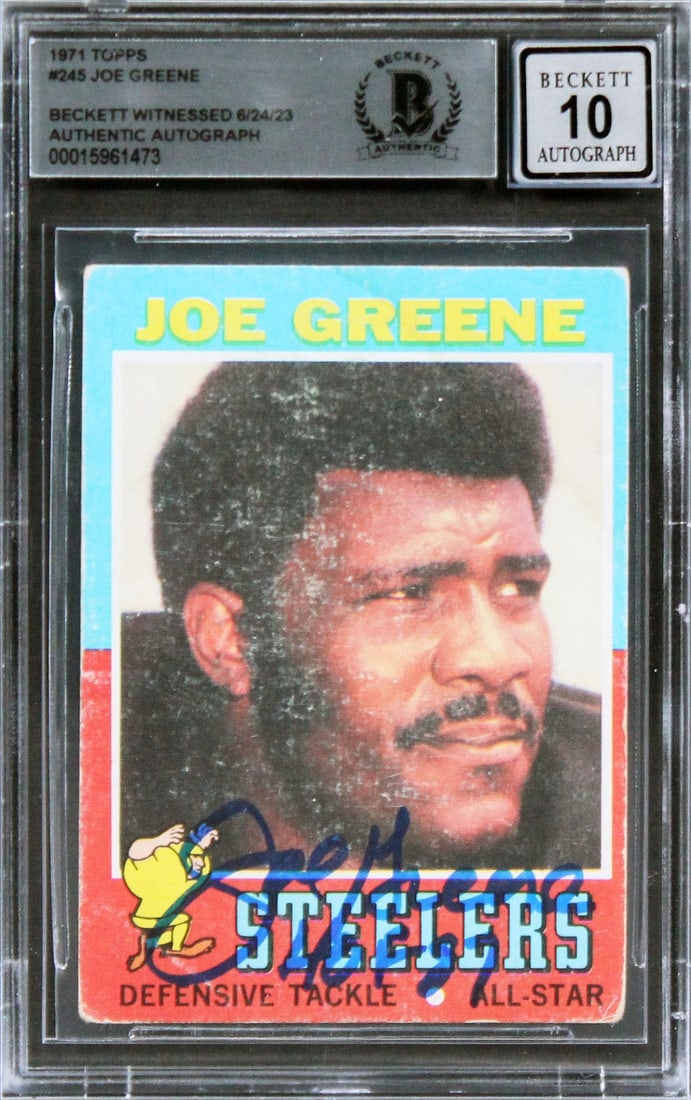 Joe Greene Signed 1971 Topps #245 RC HOF 87 Gem Mint 10 Beckett: Joe Greene Signed 1971 Topps #245 RC HOF 87 Gem Mint 10 Beckett This 1971 Topps #245 rookie card features Joe Greene, a legendary player from the Pittsburgh Steelers, and is graded Gem Mint 10 by Beck