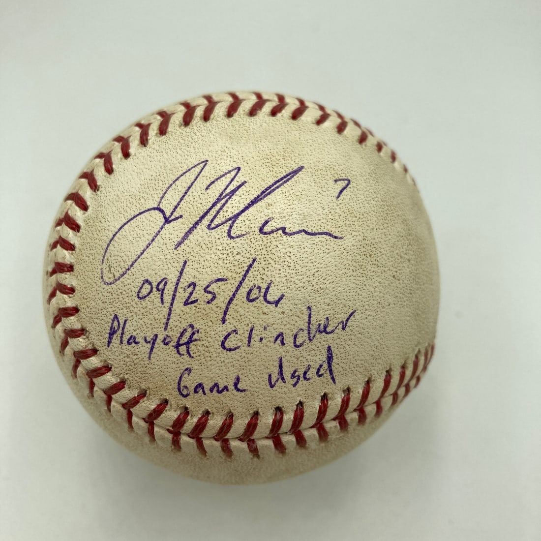 Game Used 2006 Baseball Signed by Joe Mauer with JSA COA MLB Hologram: Game Used 2006 Baseball Signed by Joe Mauer with JSA COA MLB Hologram Original game-used baseball from the 2006 playoff-clinching game, signed by Joe Mauer. This pre-owned ball includes JSA authentica