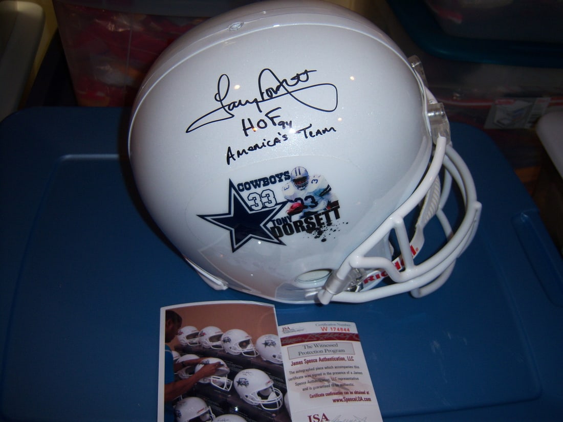 Signed Tony Dorsett Dallas Cowboys full size replica helmet JSA COA: Signed Tony Dorsett Dallas Cowboys full size replica helmet JSA COA This is a full-size Dallas Cowboys replica helmet signed by Tony Dorsett. The helmet features an authentic original autograph and in