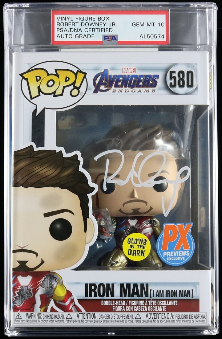 Robert Downey Jr. Signed Funko Pop Ironman PSA/DNA Encapsulated: Robert Downey Jr. Signed Funko Pop Ironman PSA/DNA Encapsulated This Funko Pop features a signature by Robert Downey Jr., the actor renowned for his portrayal of Ironman in the Marvel Cinematic Univer