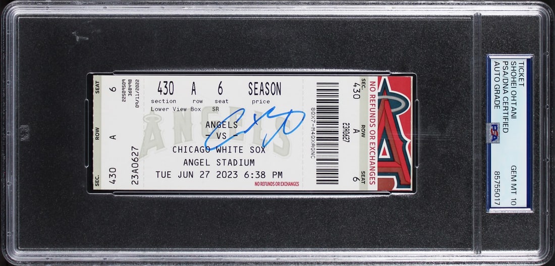 PSA Slabbed Shohei Ohtani Signed 6/27/23 Angels vs White Sox Ticket Stub: PSA Slabbed Shohei Ohtani Signed 6/27/23 Angels vs White Sox Ticket Stub Original June 27, 2023 Los Angeles Angels vs. Chicago White Sox ticket stub, personally signed by Shohei Ohtani. The autograph 