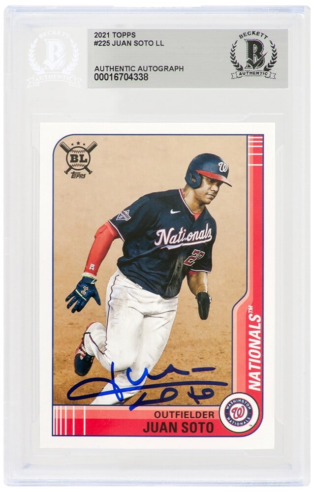Juan Soto Signed 2021 Topps Big League Card #225 Beckett Authenticated: Juan Soto Signed 2021 Topps Big League Card #225 Beckett Authenticated This is a Juan Soto signed Washington Nationals 2021 Topps Big League baseball trading card #225. The card features the autograph