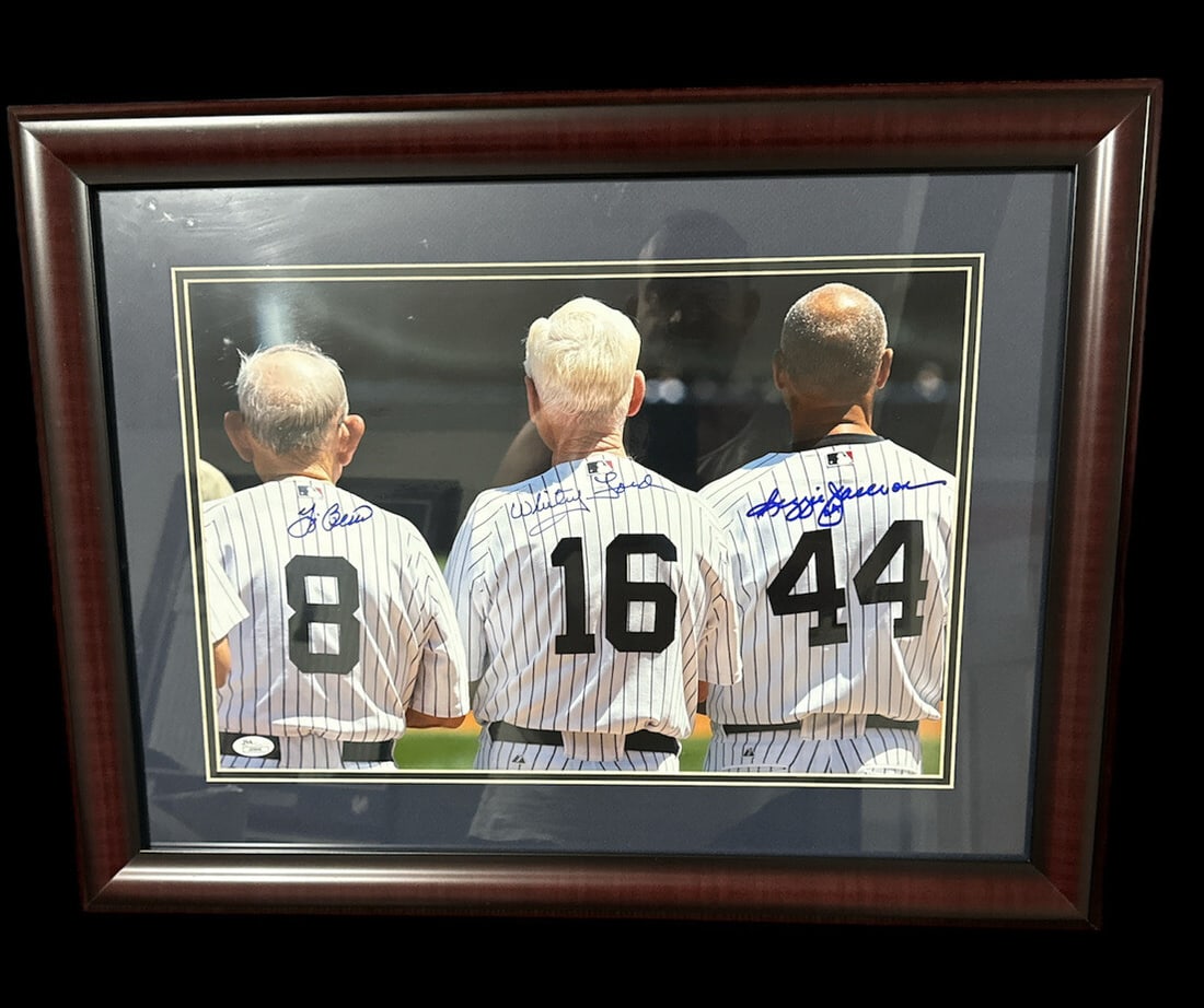 Framed 11x14 Yankees photo signed by Whitey Ford Yogi Berra Reggie Jackson JSA (1 of 3)