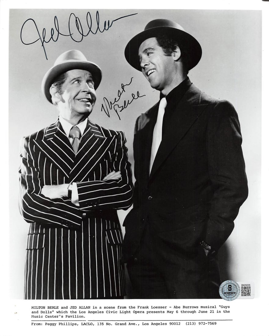 Milton Berle Jed Allan Signed Guys and Dolls 8x10 Photo BAS Authenticated: Milton Berle Jed Allan Signed Guys and Dolls 8x10 Photo BAS Authenticated This authentic 8x10 photograph features the signatures of Milton Berle and Jed Allan from the classic production 'Guys and Dol