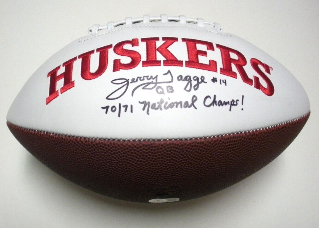 Signed Football Jerry Tagge Nebraska 1970 1971 Champs Beckett COA: Signed Football Jerry Tagge Nebraska 1970 1971 Champs Beckett COA This football is signed by Jerry Tagge and commemorates the Nebraska Cornhuskers' 1970 and 1971 championship seasons. The item is an o
