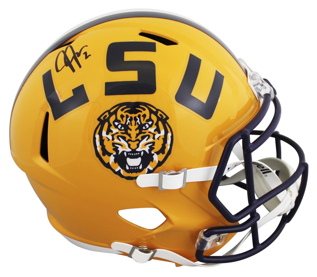 Justin Jefferson autographed LSU Speed replica helmet Beckett witnessed: Justin Jefferson autographed LSU Speed replica helmet Beckett witnessed Autographed full size Speed replica helmet signed by Justin Jefferson and featuring Louisiana State Tigers team branding. This B