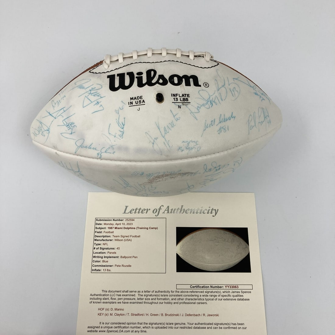 1987 Miami Dolphins Team Signed Football 45 Sigs Dan Marino JSA COA: 1987 Miami Dolphins Team Signed Football 45 Sigs Dan Marino JSA COA This is a rare 1987 Miami Dolphins team-signed Wilson NFL football featuring an impressive total of 45 signatures, including that of
