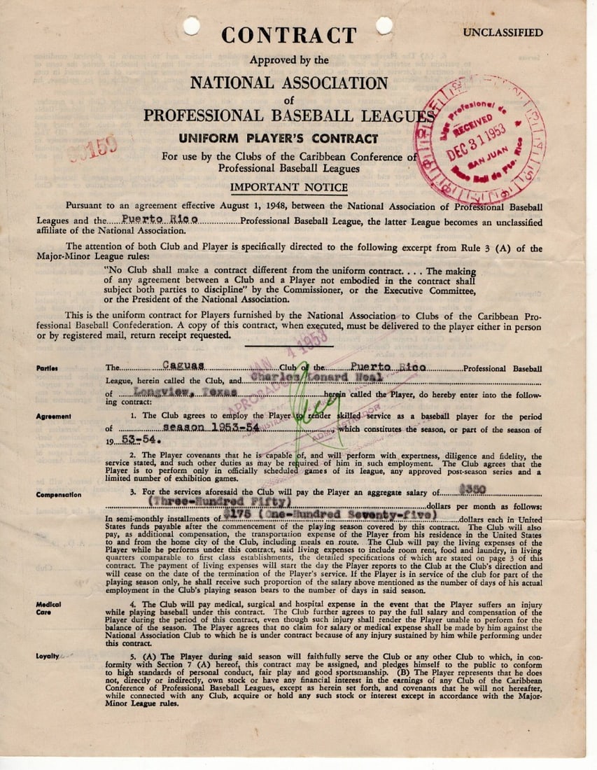 Beckett Authenticated Charlie Neal 1953 Brooklyn Dodgers Contract (1 of 3)