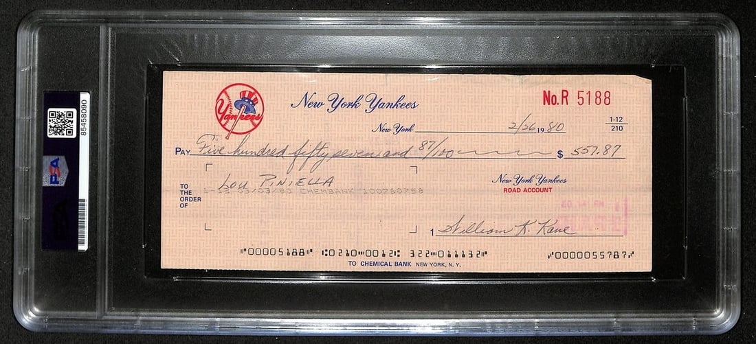 Lou Piniella Autographed 1987 NY Yankees Payroll Check PSA/DNA (1 of 2)