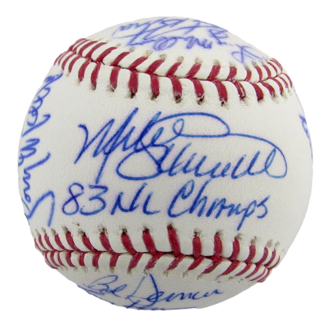 OML baseball signed by 1983 Philadelphia Phillies 19 signatures: OML baseball signed by 1983 Philadelphia Phillies 19 signatures Original 1983 Philadelphia Phillies team-signed OML baseball featuring 19 signatures. Signers include Mike Schmidt, Larry Milbourne, Mar