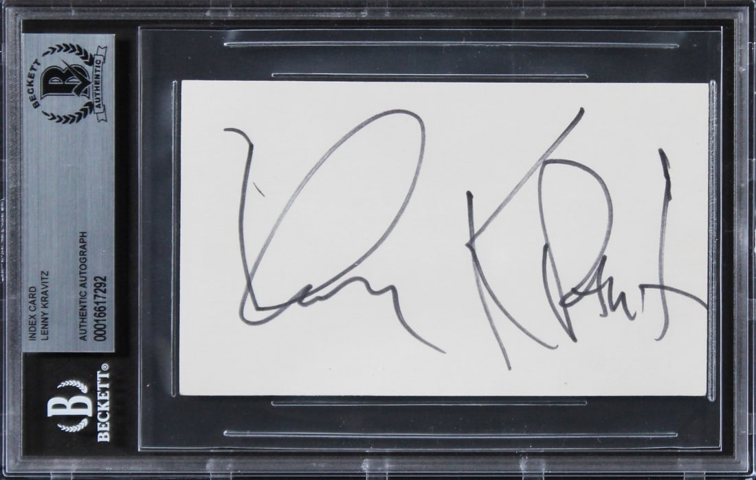Lenny Kravitz Autographed 3x5 Index Card Beckett Authenticated: Lenny Kravitz Autographed 3x5 Index Card Beckett Authenticated This authentic 3x5 index card has been personally signed by renowned musician Lenny Kravitz. The item is slabbed and comes with a Certifi