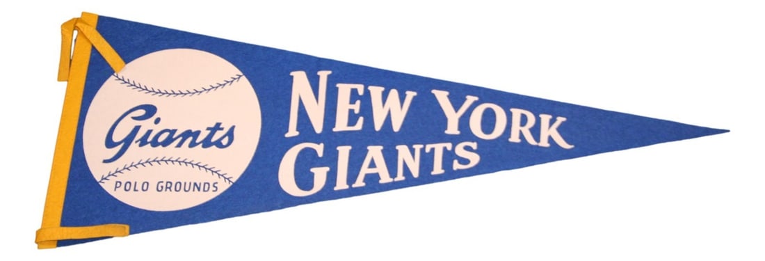 Rare New York Giants 29 Inch Baseball Pennant from 1950s Polo Grounds Era: Rare New York Giants 29 Inch Baseball Pennant from 1950s Polo Grounds Era This is a very rare vintage New York Giants baseball pennant from the 1950s, featuring the Polo Grounds. The pennant is an ori