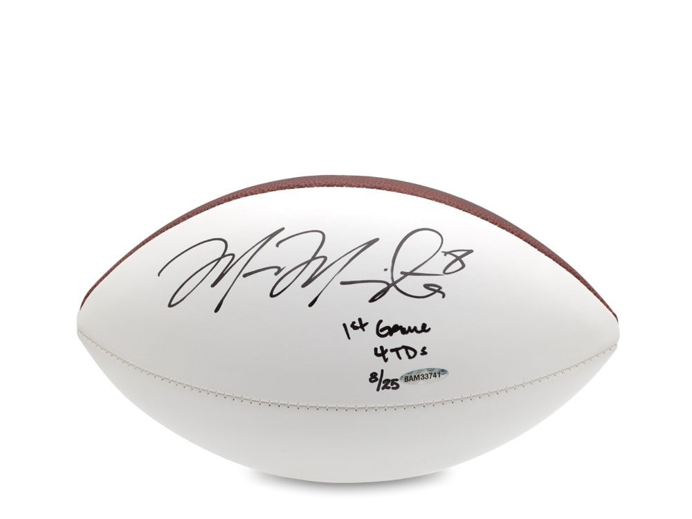Marcus Mariota Autographed Wilson Football Limited Edition 1st Game 4TDs random out of #/25: Marcus Mariota Autographed Wilson Football Limited Edition 1st Game 4TDs random out of #/25 Commemorate a remarkable performance with this Marcus Mariota autographed Wilson white panel football. Celeb