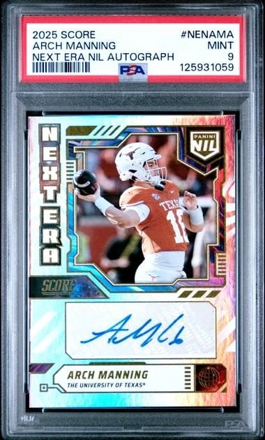 PSA 9 Arch Manning 2025 Panini Score Next Era Auto Rookie Card: PSA 9 Arch Manning 2025 Panini Score Next Era Auto Rookie Card Graded 2025 Panini Score Next Era rookie sports trading card featuring Arch Manning for the Texas Longhorns. This autographed card is aut