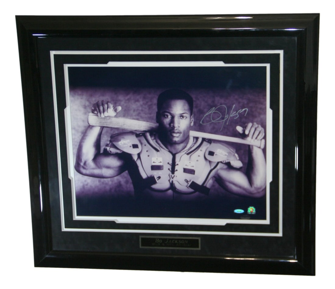 Framed 20x16 Signed Bo Jackson Photo with TRISTAR Authentication: Framed 20x16 Signed Bo Jackson Photo with TRISTAR Authentication Framed original photo of Bo Jackson with an authenticated autograph. This pre-owned football collectible is associated with the Oakland