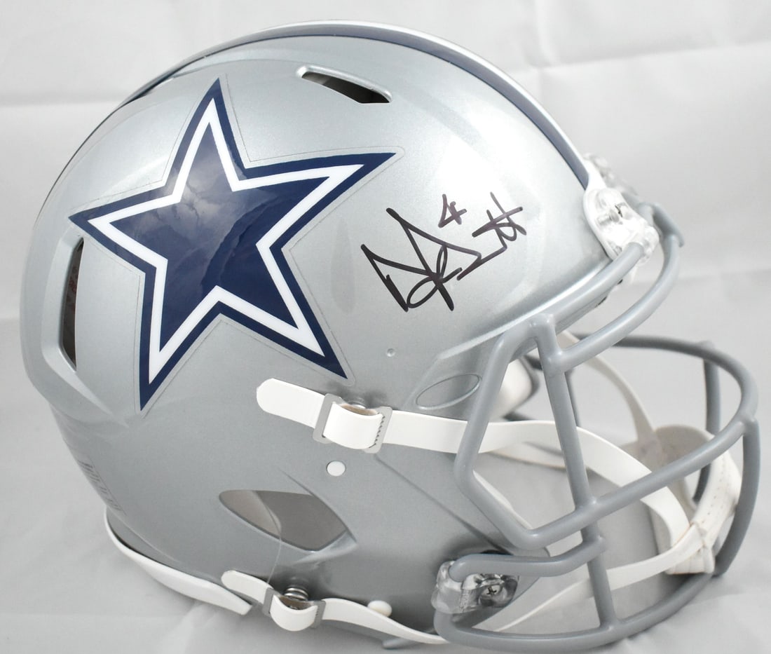Dak Prescott Signed Dallas Cowboys Full Size Speed Helmet Beckett: Dak Prescott Signed Dallas Cowboys Full Size Speed Helmet Beckett This is a Dallas Cowboys full-size Speed Authentic helmet autographed by Dak Prescott. The helmet is an original item and is signed, m