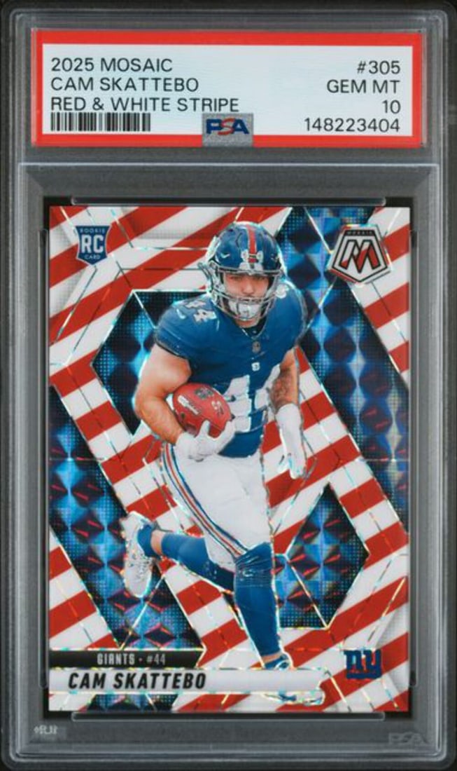 PSA 10 Cam Skattebo 2025 Panini Mosaic #305 Rookie Red White Stripe: PSA 10 Cam Skattebo 2025 Panini Mosaic #305 Rookie Red White Stripe Graded 2025 Panini Mosaic Cam Skattebo #305 Red White Stripe Rookie Card, encapsulated by PSA. This original NFL trading card featur