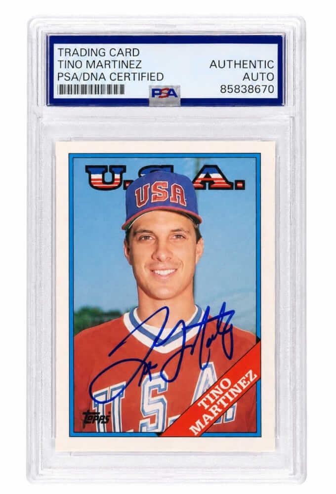 PSA DNA Autographed 1989 Topps Traded 66T Tino Martinez Team USA Rookie Card: PSA DNA Autographed 1989 Topps Traded 66T Tino Martinez Team USA Rookie Card Signed Tino Martinez Team USA 1989 Topps Traded rookie baseball card #66T. This pre-owned card features an authenticated au