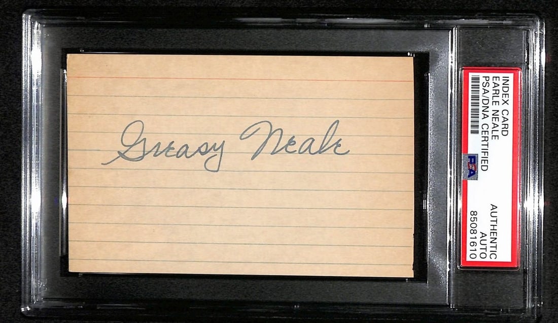 PSA DNA authenticated 3x5 signed index card Earle Greasy Neale Eagles HOF: PSA DNA authenticated 3x5 signed index card Earle Greasy Neale Eagles HOF Original signed 3x5 index card featuring Earle Greasy Neale and referencing the Philadelphia Eagles. The autograph is authenti