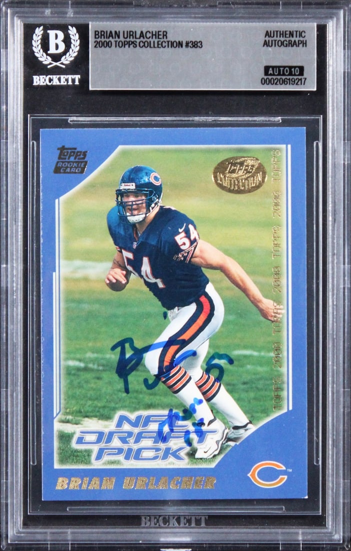 Beckett slabbed 2000 Topps 383 Brian Urlacher rookie autograph card: Beckett slabbed 2000 Topps 383 Brian Urlacher rookie autograph card Original 2000 Topps #383 rookie card personally signed by Brian Urlacher and slabbed by Beckett Authentication Services. The autogra