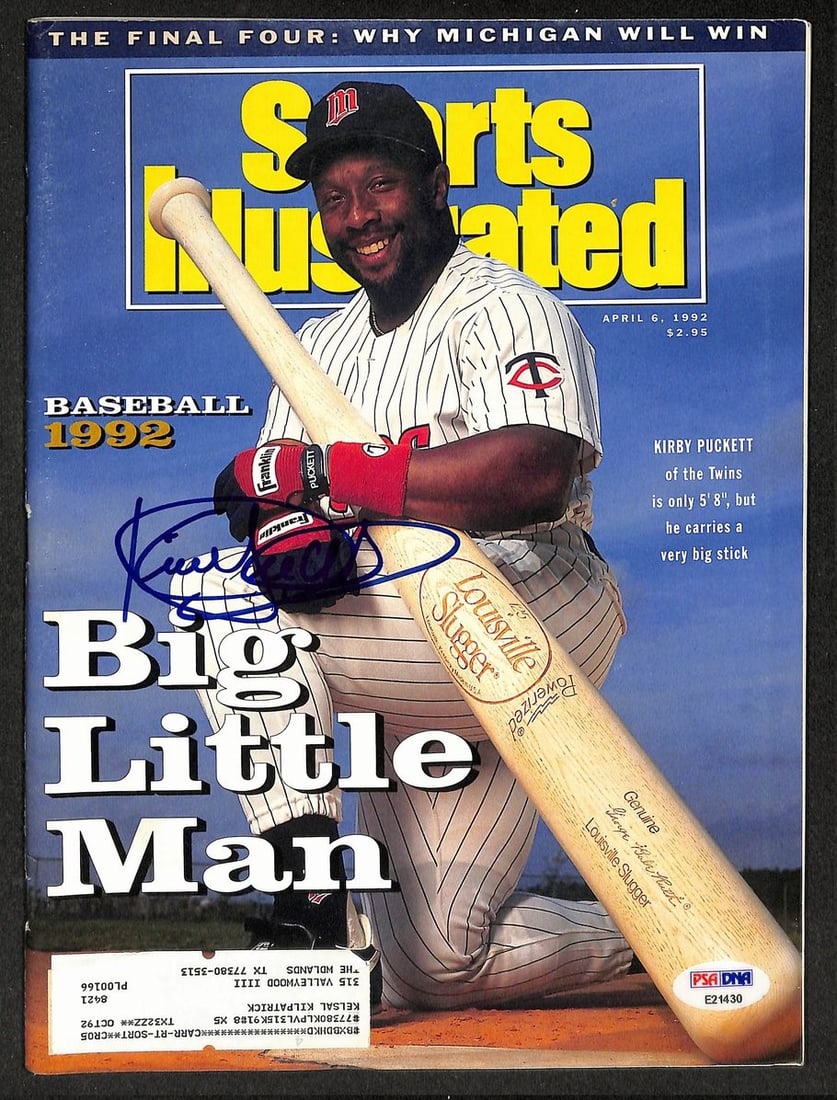PSA DNA Kirby Puckett HOF Signed 1992 Sports Illustrated Photo Twins: PSA DNA Kirby Puckett HOF Signed 1992 Sports Illustrated Photo Twins Original 1992 Sports Illustrated photo featuring Kirby Puckett of the Twins, signed as noted in the title. Pre-owned condition. Spe