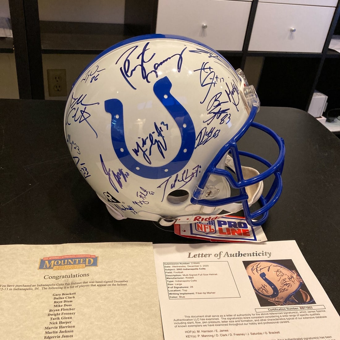 Authentic 2003 Colts Team Helmet Signed by Peyton Manning and 27 Others JSA COA: Authentic 2003 Colts Team Helmet Signed by Peyton Manning and 27 Others JSA COA This is an authentic full-size 2003 Indianapolis Colts game helmet, hand-signed by 28 team members, including Peyton Man
