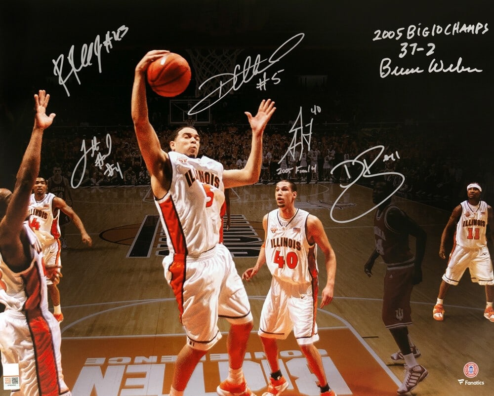 Illinois Fighting Illini 2005 Team Signed 16x20 Photo Six Autographs Three Inscriptions COA: Illinois Fighting Illini 2005 Team Signed 16x20 Photo Six Autographs Three Inscriptions COA This is an original 16x20 spotlight action photo featuring the 2005 Illinois Fighting Illini basketball team