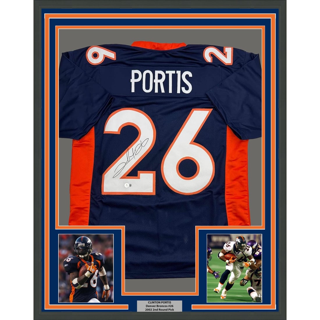Clinton Portis signed framed Denver Broncos blue jersey 35x39 BAS COA: Clinton Portis signed framed Denver Broncos blue jersey 35x39 BAS COA Professionally framed and matted original blue Denver Broncos jersey signed by Clinton Portis. This pre-owned display includes two