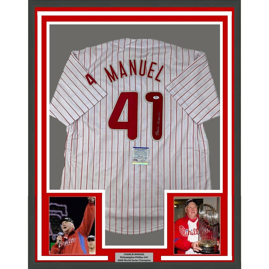 Charlie Manuel Signed Phillies Pinstripe Framed Jersey PSA DNA (1 of 2)