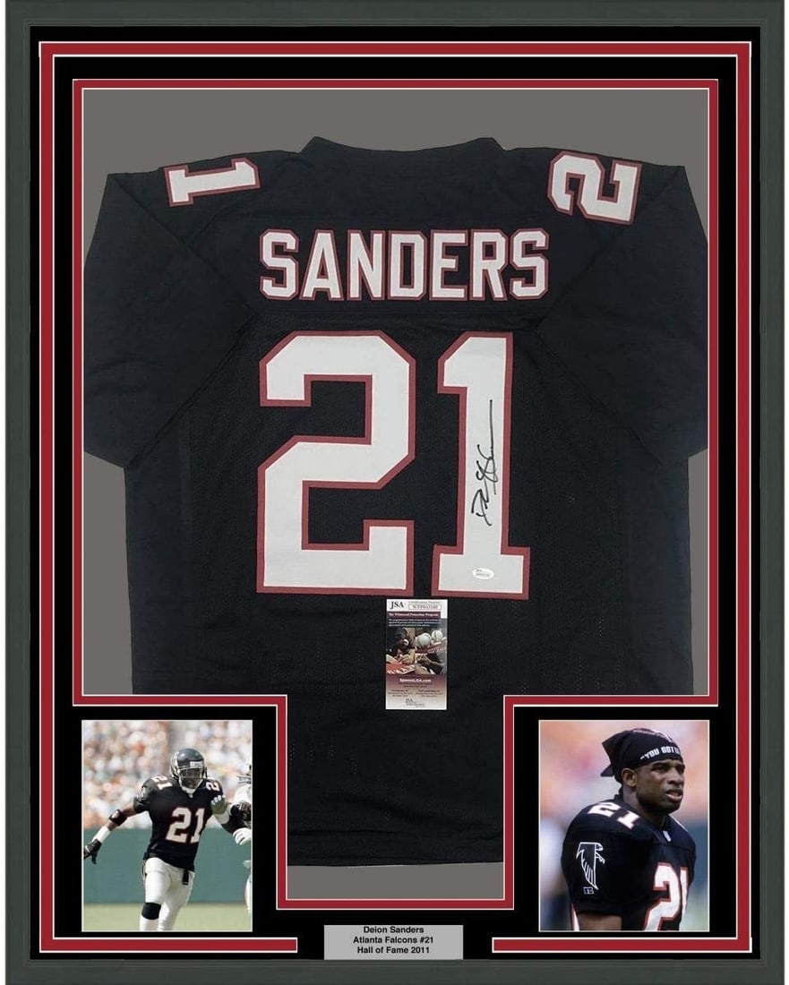 35x39 Framed Deion Sanders Signed Atlanta Falcons Black Jersey JSA (1 of 2)