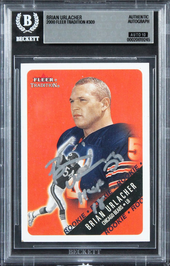 Brian Urlacher 2000 Fleer Tradition #309 Rookie Card Auto 10 Beckett Slabbed: Brian Urlacher 2000 Fleer Tradition #309 Rookie Card Auto 10 Beckett Slabbed Original 2000 Fleer Tradition #309 rookie card personally signed by Brian Urlacher and inscribed "HOF 18." The autograph ha