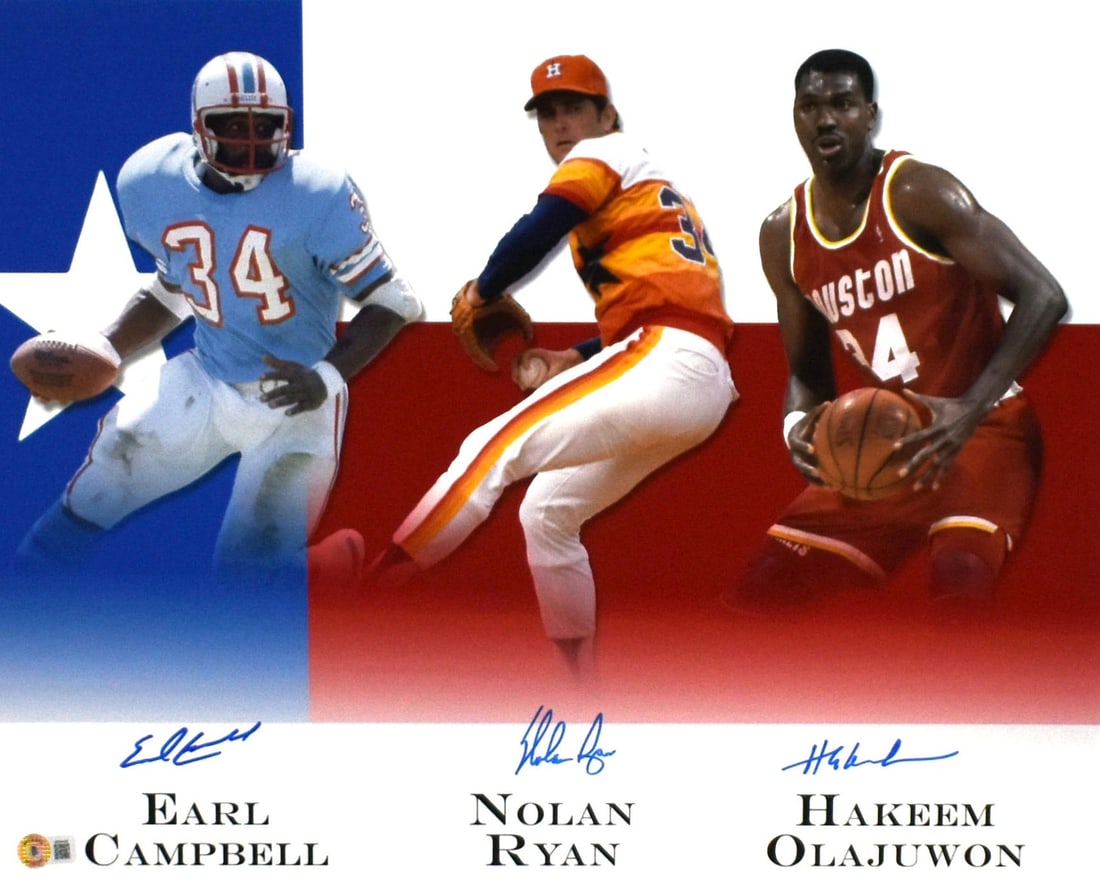 Signed 16x20 Photo Earl Campbell Nolan Ryan Hakeem Olajuwon Beckett Hologram (1 of 3)