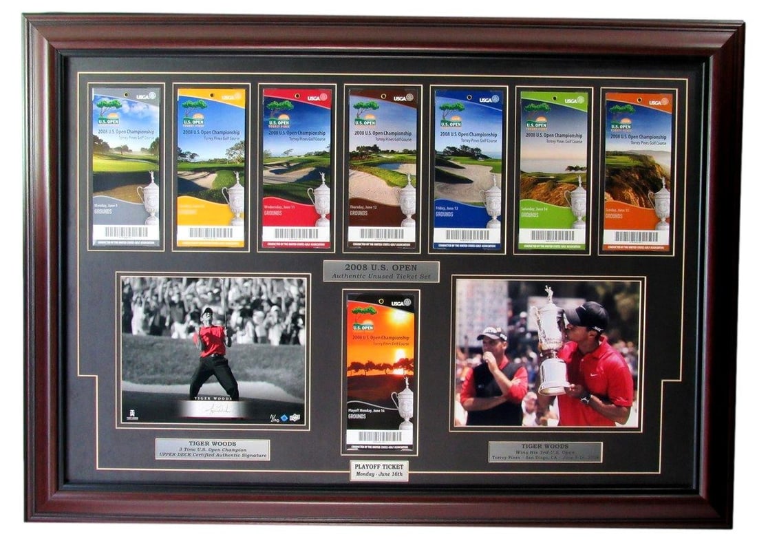 Framed Tiger Woods signed 8x10 photo with 2008 unused ticket set (1 of 9)