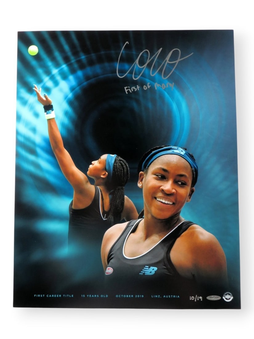 Coco Gauff autographed 16X20 tennis photo Upper Deck authenticated: Coco Gauff autographed 16X20 tennis photo Upper Deck authenticated Original signed Coco Gauff 16x20 photo with the inscription "First of Many" and dated 10/19. This pre-owned tennis collectible is aut