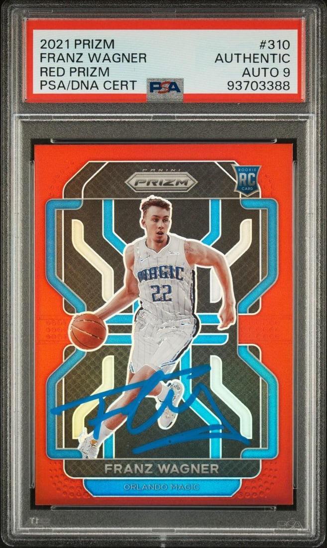 2021 Prizm #310 Franz Wagner Signed Red Prizm Card PSA Auto 9: 2021 Prizm #310 Franz Wagner Signed Red Prizm Card PSA Auto 9 This 2021 Prizm #310 Franz Wagner Signed Card is a standout piece for any basketball card collector. Featuring a vibrant Red Prizm paralle