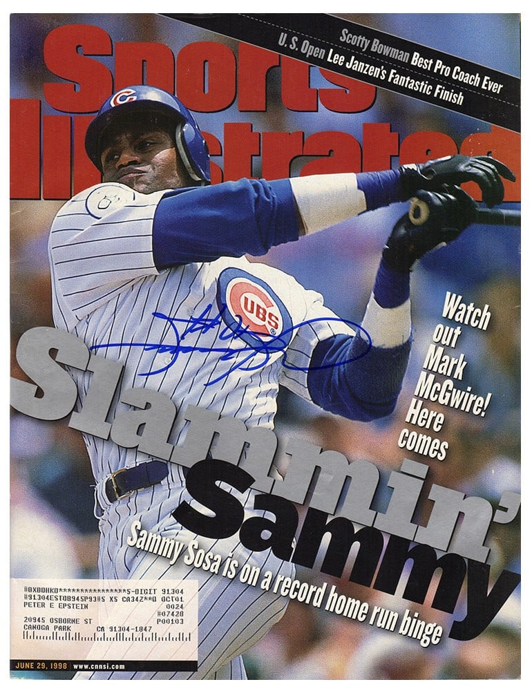 Sammy Sosa Signed Cubs Sports Illustrated June 29 1998 Magazine COA: Sammy Sosa Signed Cubs Sports Illustrated June 29 1998 Magazine COA This is an original Sports Illustrated magazine featuring Sammy Sosa on the cover, dated June 29, 1998, titled 'Slammin Sammy.' The 