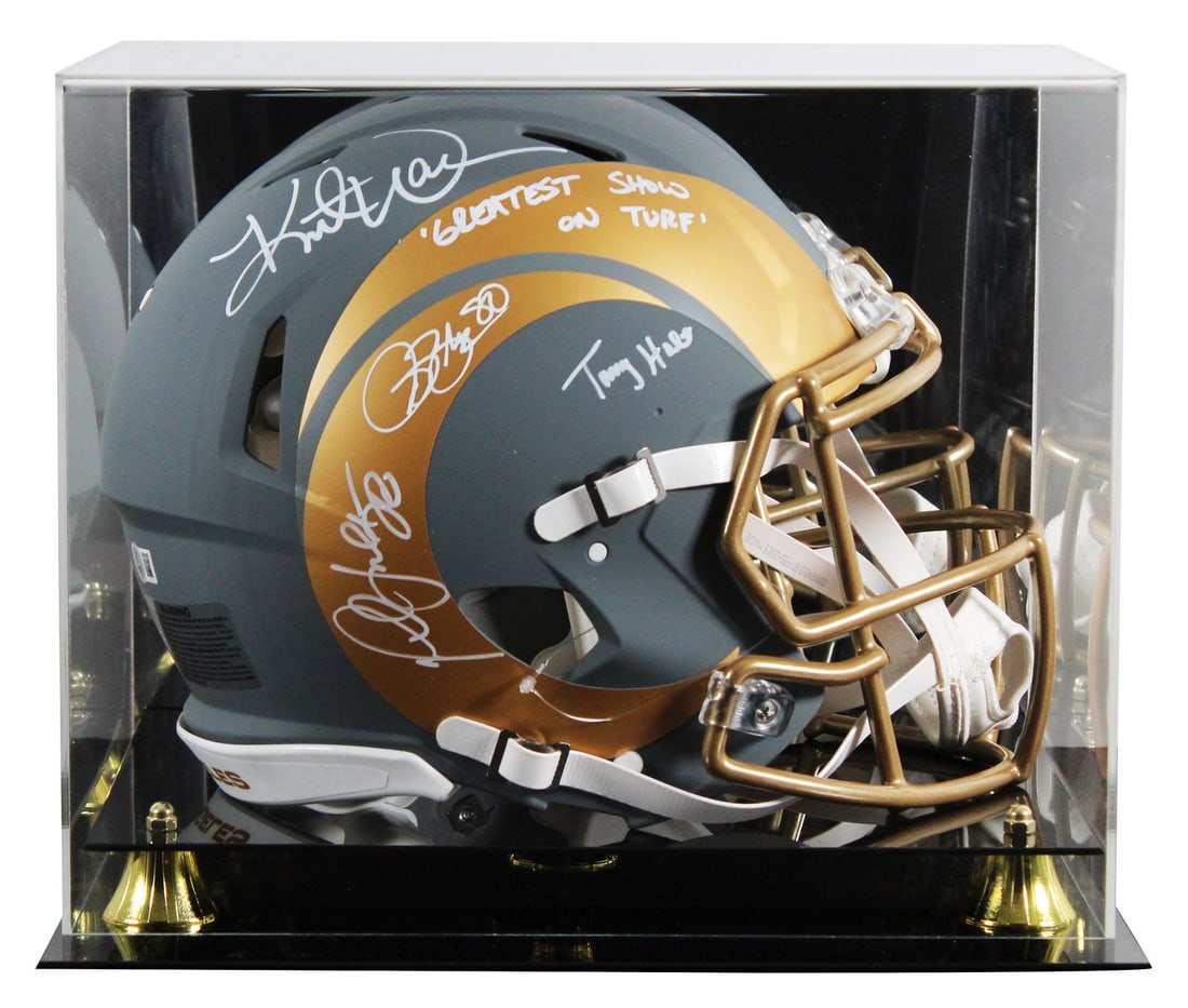 Los Angeles Rams Riddell Speed Proline Helmet Case BAS 4 Signatures: Los Angeles Rams Riddell Speed Proline Helmet Case BAS 4 Signatures Autographed alternate slate Riddell full size Speed Proline helmet with acrylic display case, personally signed by Isaac Bruce, Kurt
