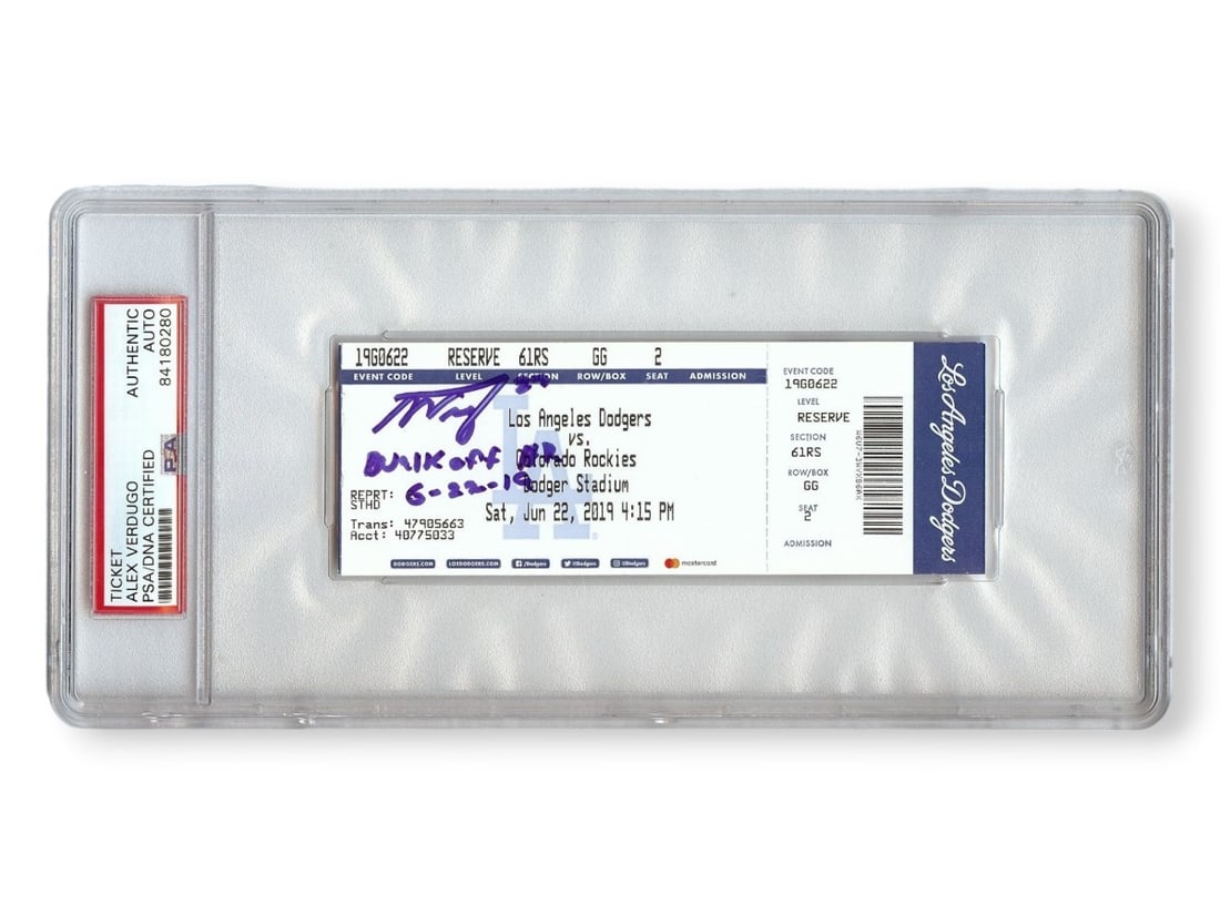 Alex Verdugo Autographed Ticket Walk Off HR 6/22/19 Dodgers PSA/DNA: Alex Verdugo Autographed Ticket Walk Off HR 6/22/19 Dodgers PSA/DNA This is an original ticket stub autographed by Alex Verdugo, commemorating his walk-off home run on June 22, 2019, while playing for