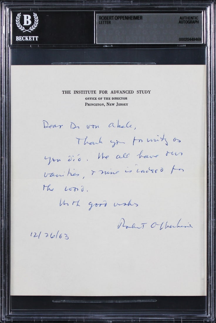 Beckett authenticated Robert Oppenheimer autograph letter dated 12/26/63 (1 of 2)