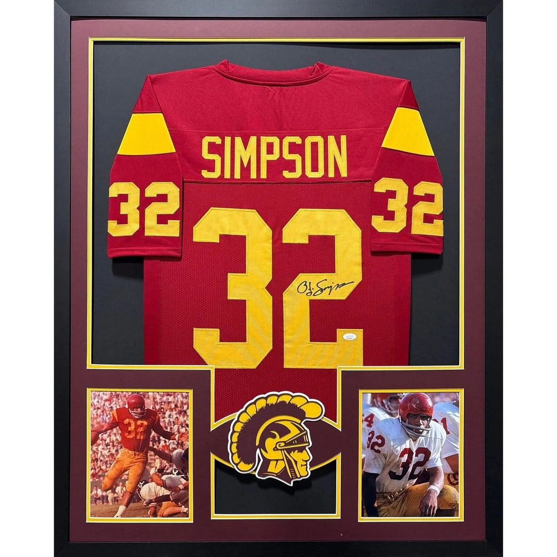 O.J. Simpson Signed USC Jersey Framed JSA Authentication: O.J. Simpson Signed USC Jersey Framed JSA Authentication This autographed O.J. Simpson jersey features a striking maroon color and is beautifully framed, making it a perfect display piece for any spor