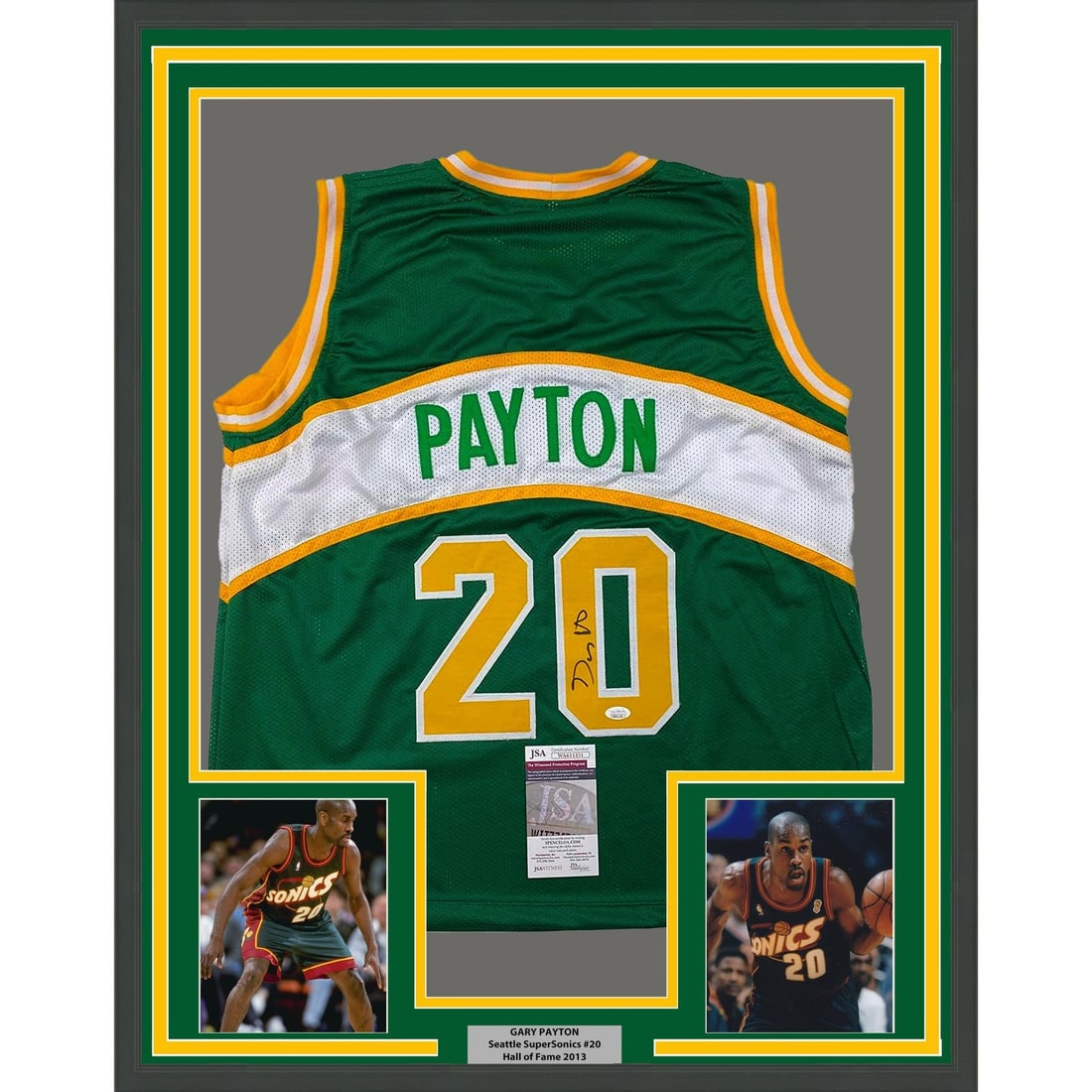 Gary Payton signed Seattle SuperSonics framed green jersey JSA (1 of 2)