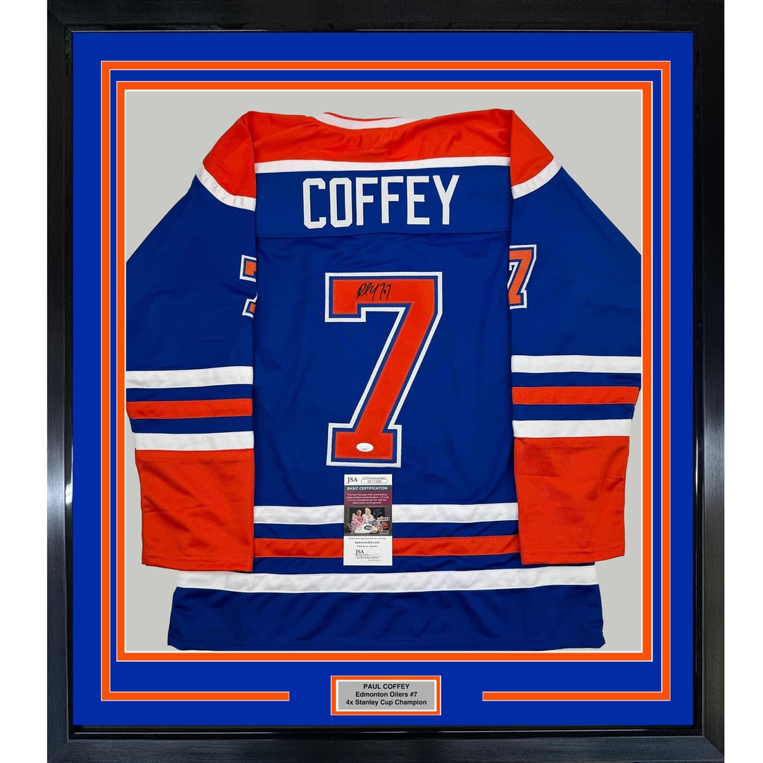 Framed Paul Coffey Autographed Edmonton Oilers Jersey JSA COA 35x39: Framed Paul Coffey Autographed Edmonton Oilers Jersey JSA COA 35x39 This framed autographed Paul Coffey Edmonton Oilers hockey jersey is a must-have for any fan. Measuring 35x39 inches, it features a 