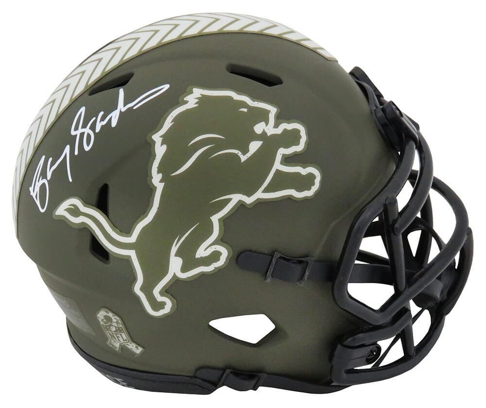 Barry Sanders Signed Lions Salute to Service Mini Helmet with COA: Barry Sanders Signed Lions Salute to Service Mini Helmet with COA Capture a piece of NFL history with this Barry Sanders signed Detroit Lions Salute to Service Riddell Speed mini helmet. An original c