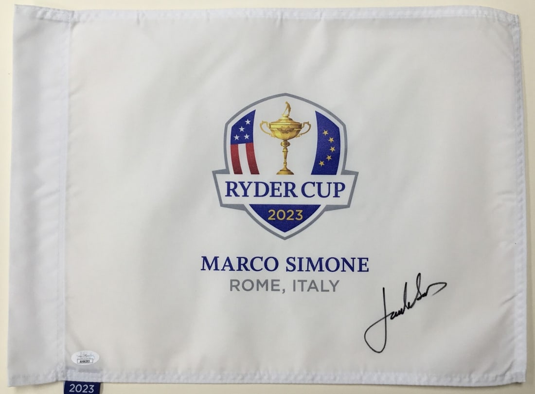 Jordan Spieth 2023 Ryder Cup Signed Pin Flag JSA Authenticated: Jordan Spieth 2023 Ryder Cup Signed Pin Flag JSA Authenticated Celebrate the thrilling 2023 Ryder Cup with this officially licensed pin flag, personally signed by PGA star Jordan Spieth. This unique c