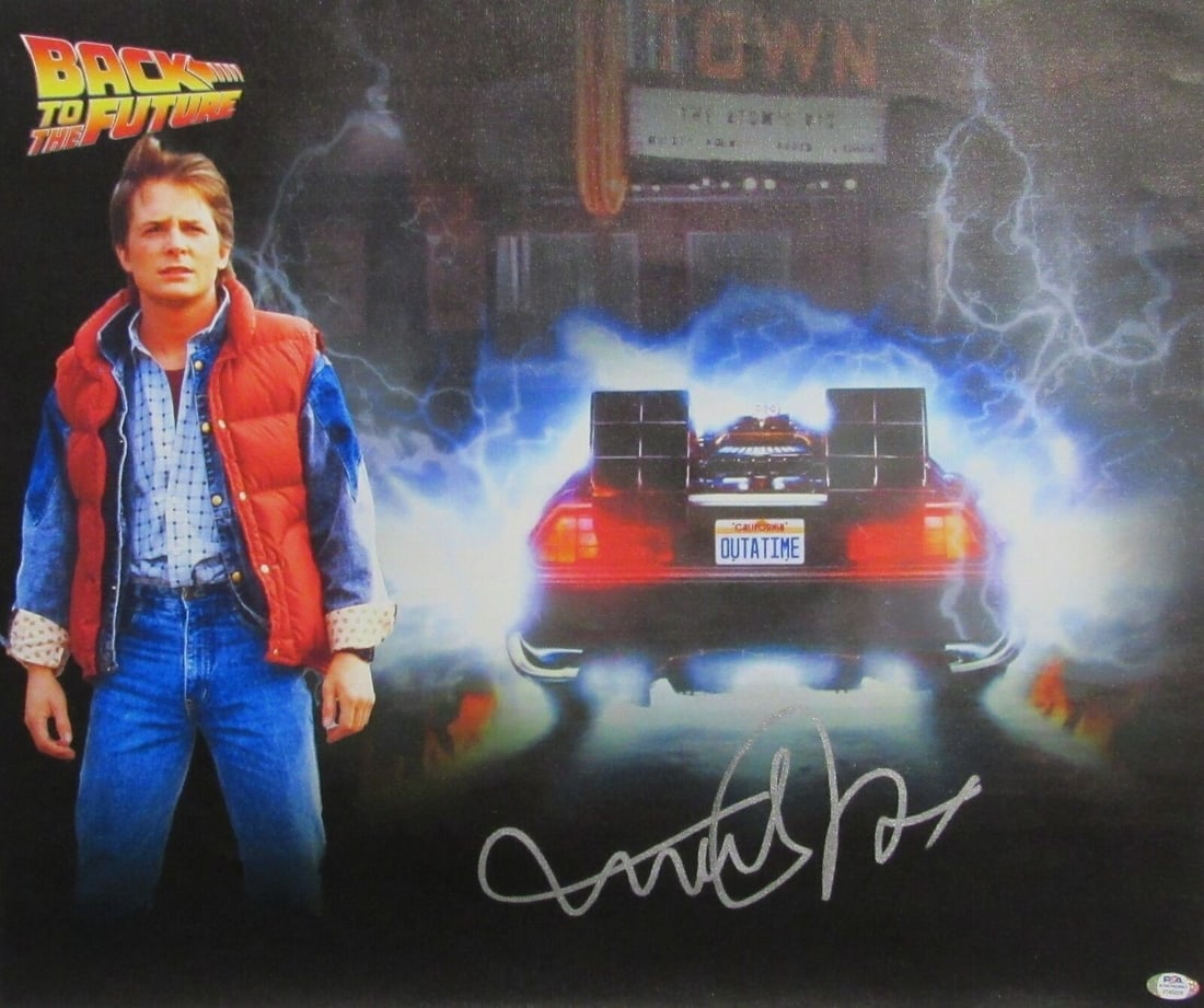 Back to the Future 22x26 Canvas Signed by Michael J Fox PSA DNA Authenticated: Back to the Future 22x26 Canvas Signed by Michael J Fox PSA DNA Authenticated This 22x26 canvas print features an authentic autograph by Michael J Fox, commemorating the iconic film "Back to the Futur