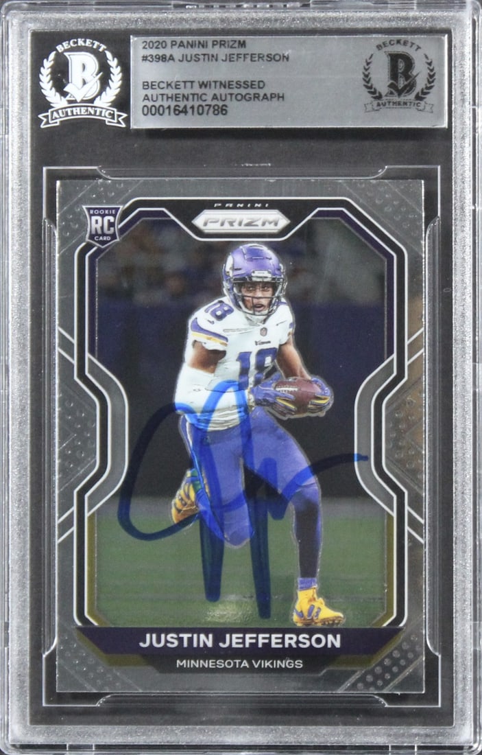 Justin Jefferson Signed 2020 Panini Prizm Rookie Card BAS Slabbed Vikings: Justin Jefferson Signed 2020 Panini Prizm Rookie Card BAS Slabbed Vikings This officially licensed 2020 Panini Prizm #398A Rookie Card has been personally signed by Justin Jefferson, the talented rece